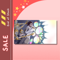 A digital promotional graphic with a vertical red sidebar reading 'End of Stock' and 'SALE' on the left, and a central rectangular art print showing an illustrated fantasy scene of a bearded man in white and gold robes holding a glowing staff beside iridescent circular motifs. The background is pink with a red halftone pattern and star accents.