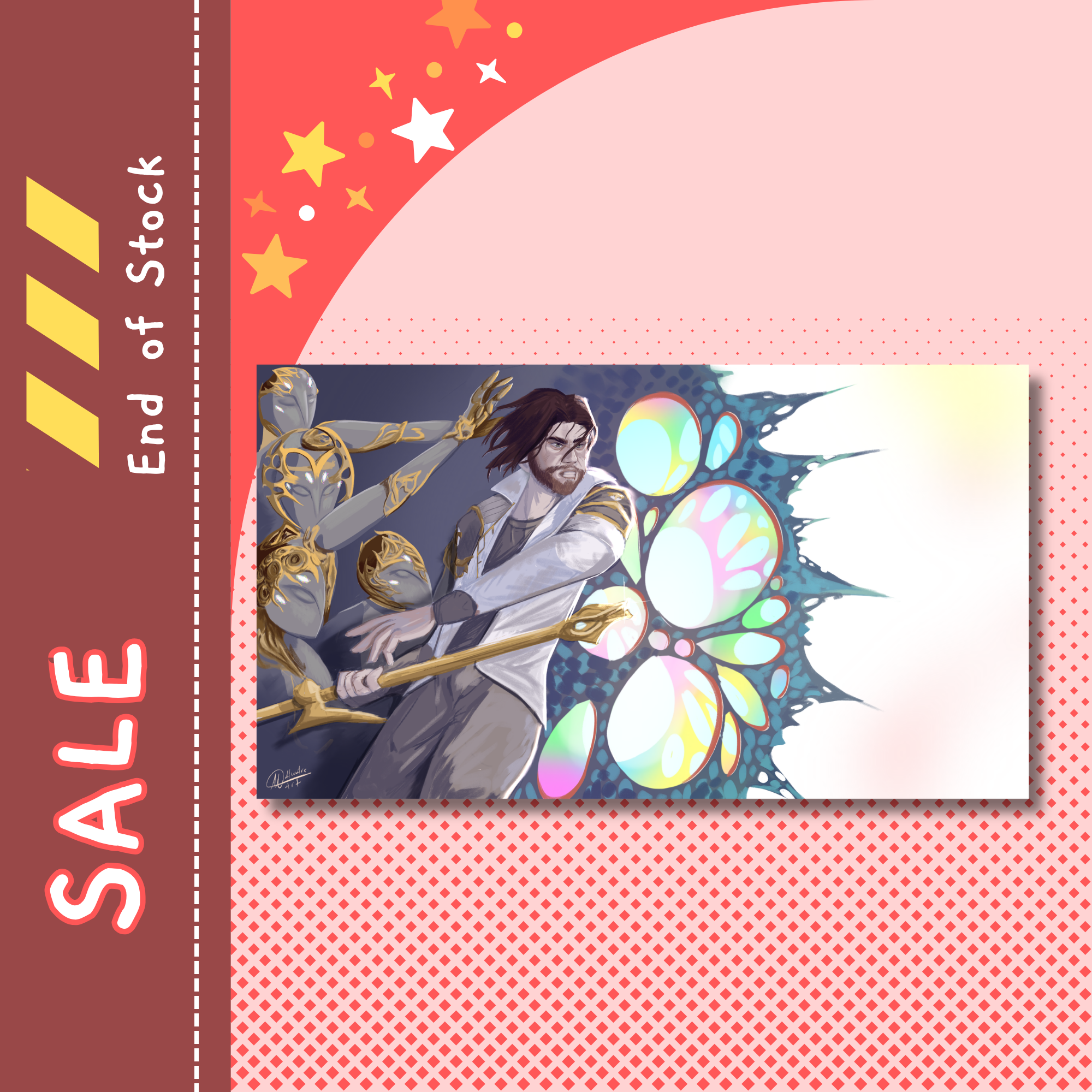 A digital promotional graphic with a vertical red sidebar reading 'End of Stock' and 'SALE' on the left, and a central rectangular art print showing an illustrated fantasy scene of a bearded man in white and gold robes holding a glowing staff beside iridescent circular motifs. The background is pink with a red halftone pattern and star accents.