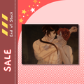 A DIN A5 art print featuring an anime-style illustration of two embracing characters, centered on a pink and red promotional graphic with 'SALE' and 'End of Stock' text.