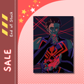 A vertical art print featuring a stylized comic-book illustration of a character in a dark suit with red and teal coloring, set against a pink and red graphic background with 'SALE' and 'End of Stock' text.