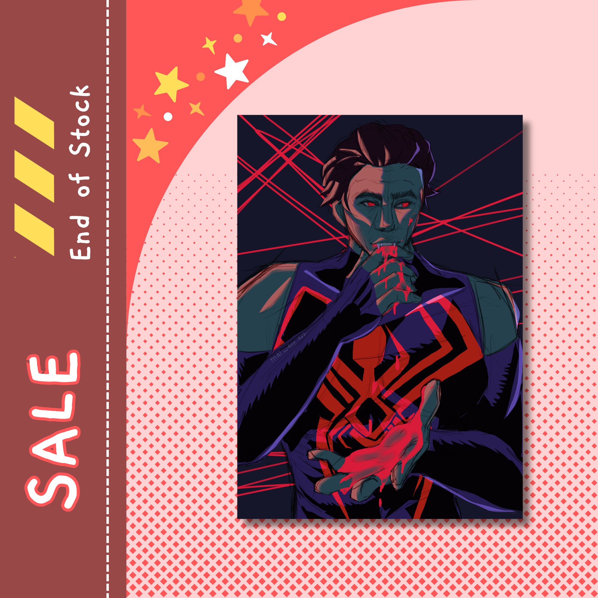 A vertical art print featuring a stylized comic-book illustration of a character in a dark suit with red and teal coloring, set against a pink and red graphic background with 'SALE' and 'End of Stock' text.