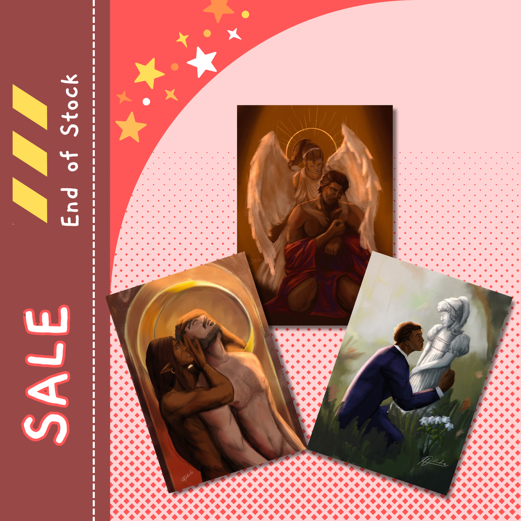 Three art prints depicting religious and spiritual scenes are displayed on a pink and red promotional graphic background with 'End of Stock' and 'SALE' text.