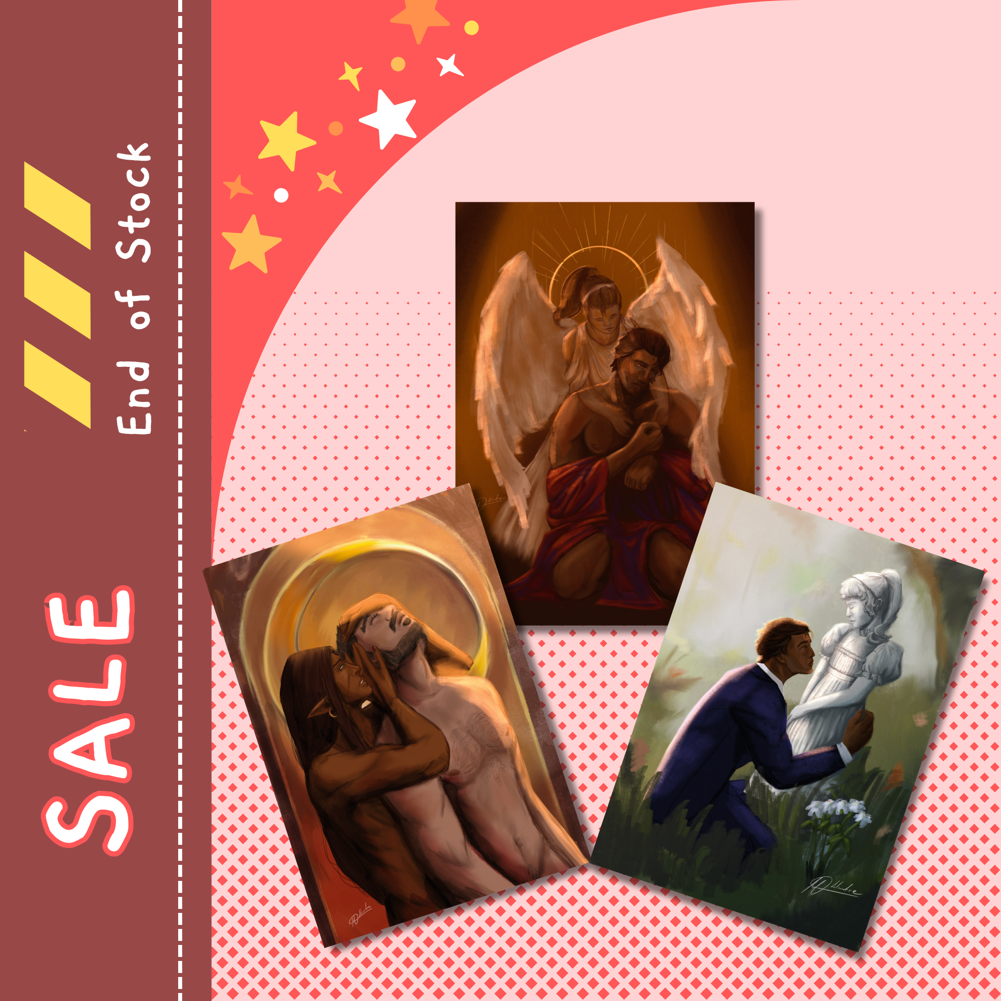Three art prints depicting religious and spiritual scenes are displayed on a pink and red promotional graphic background with 'End of Stock' and 'SALE' text.
